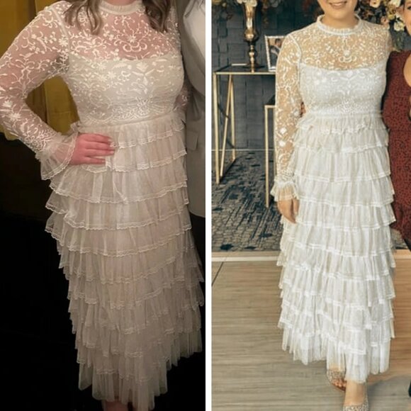 Mac Duggal 8003 Size 8 Embroidered Long Sleeve Ruffled Tiered Pearl White Dress - Picture 7 of 11